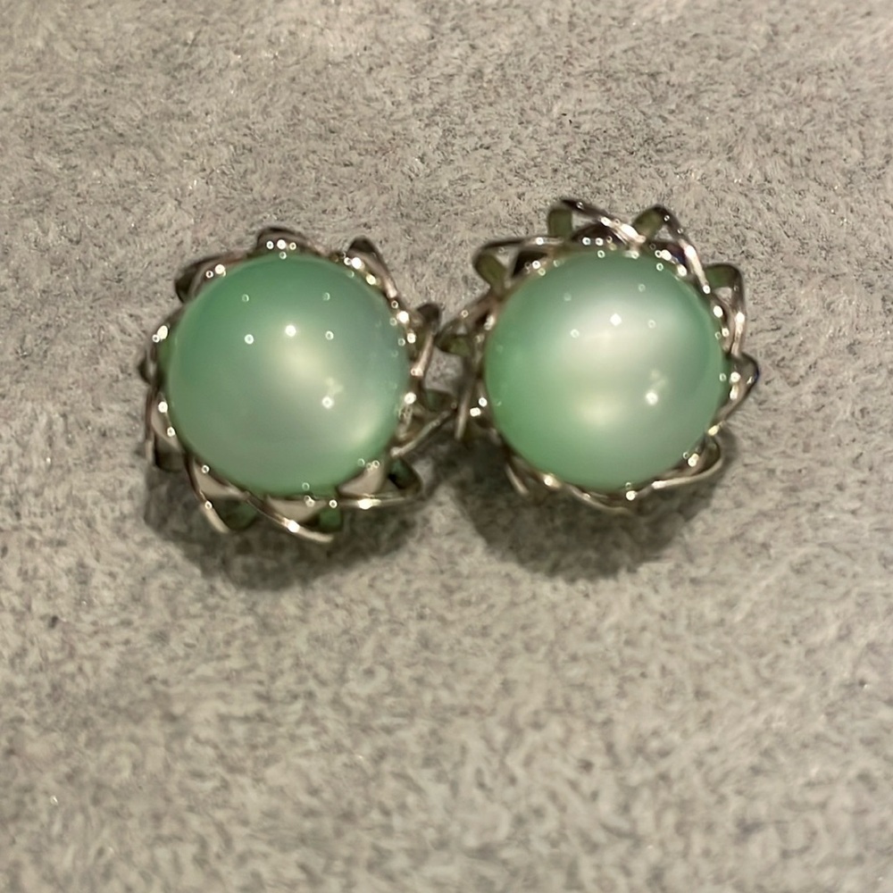 Vintage Moon Glow Green Glass French Clip On Earrings Mid Century Modern Style